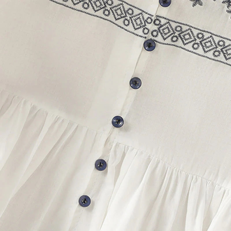 Buddha Stones Embroidery Pleated Buttons Long Lantern Sleeve Women's Cotton Shirt