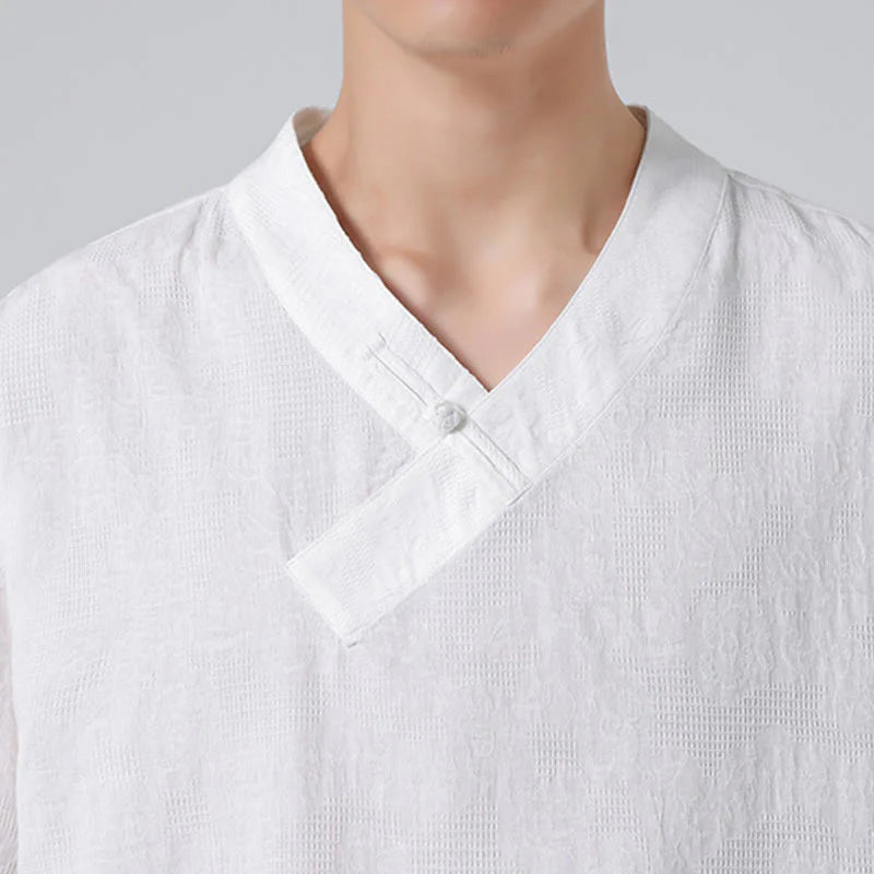 Buddha Stones Ethnic Distressed Jacquard Frog-Button Men's Stand Collar Half Sleeve Cotton Linen Shirt Tai Chi Clothes