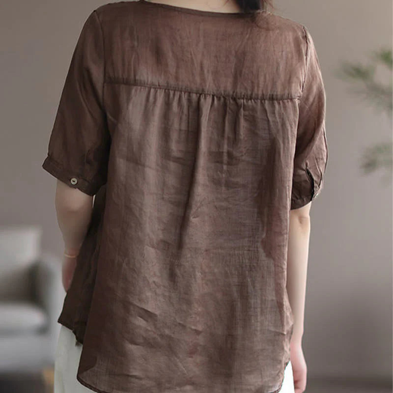 Buddha Stones Summer Casual Embroidered Pattern Women's V-Neck Design Half Sleeve Cotton Linen T-shirt