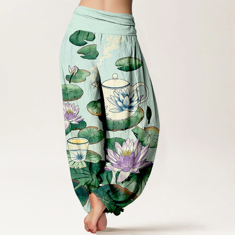 Buddha Stones Pure Cotton Fresh Teapot Cup Lotus Flower Leaf Pattern Women's Elastic Waist Harem Pants