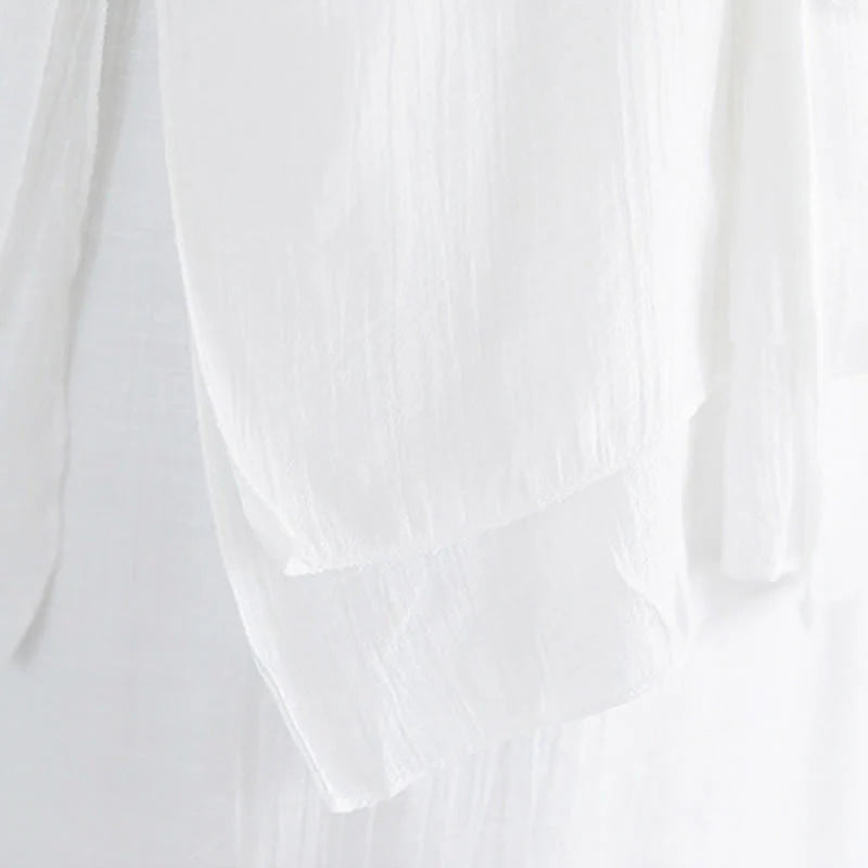 Buddha Stones 2Pcs Solid Color White Frog-Button Three Quarter Sleeve Shirt Wide Leg Pants Meditation Zen Clothing Women's Set