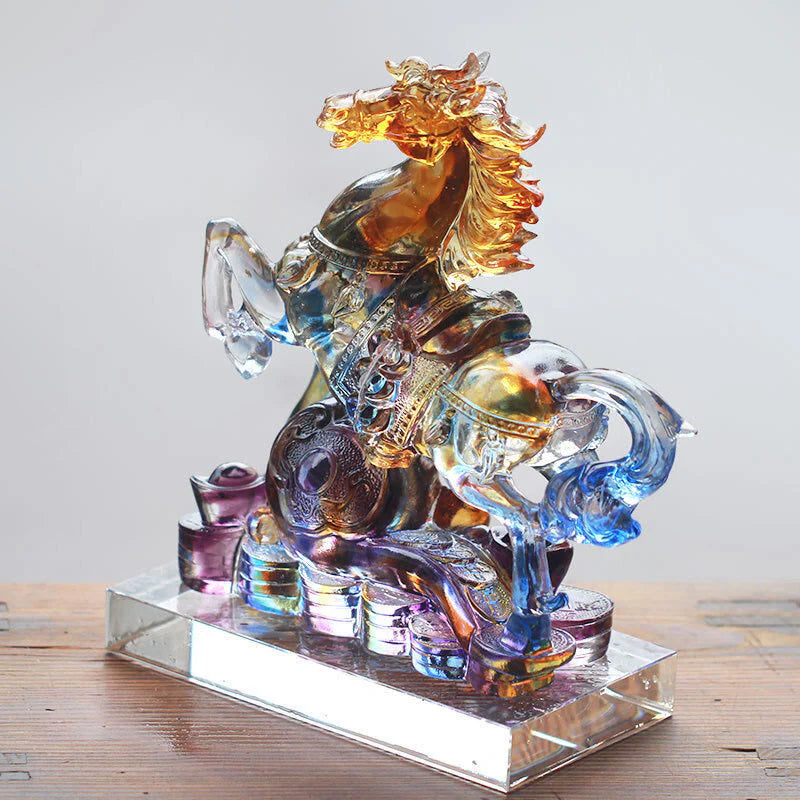 Buddha Stones Year Of The Horse Carved Ruyi Horse Liuli Crystal Art Piece Prosperity Home Office Decoration