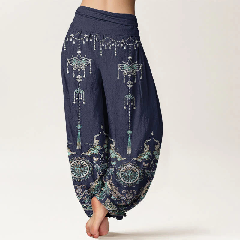 Buddha Stones Cotton Classic Jewelry Butterfly Flower Tassel Pattern Women's Elastic Waist Harem Pants