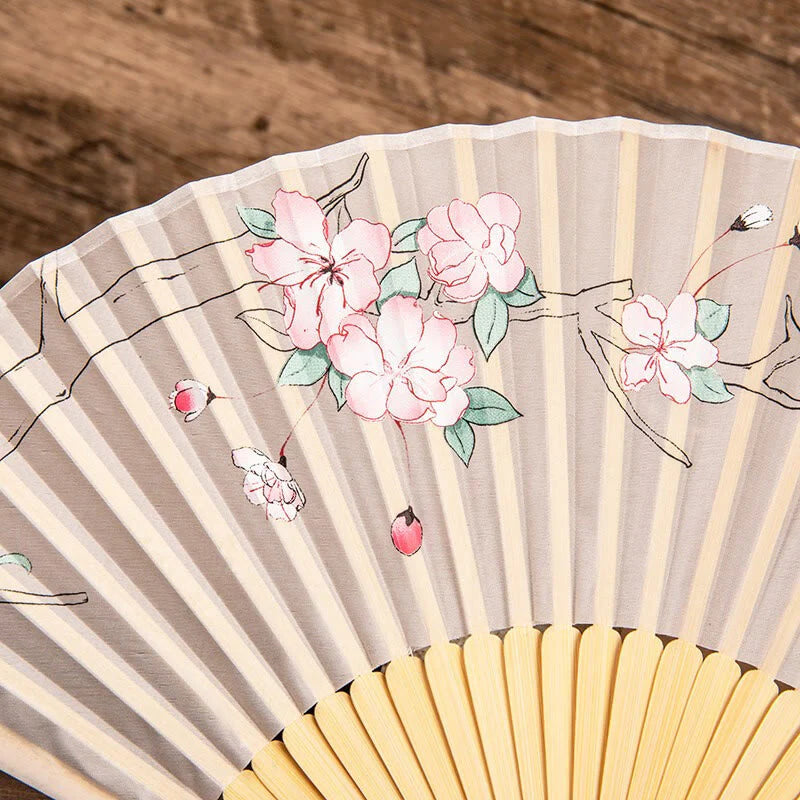 Buddha Stones Jasmine Lotus Begonia Flowers Handheld Bamboo Folding Fan (Extra 30% Off | USE CODE: FS30)
