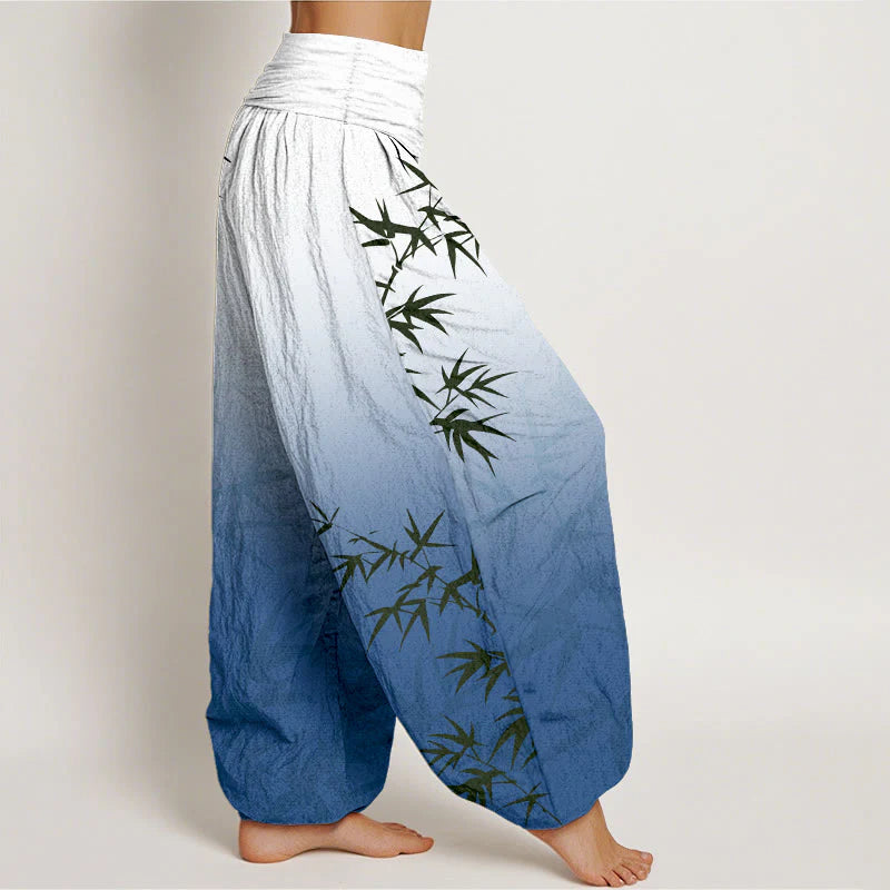 Buddha Stones Casual Bamboo Leaves Gradient Pattern Pure Cotton Women's Elastic Waist Harem Pants