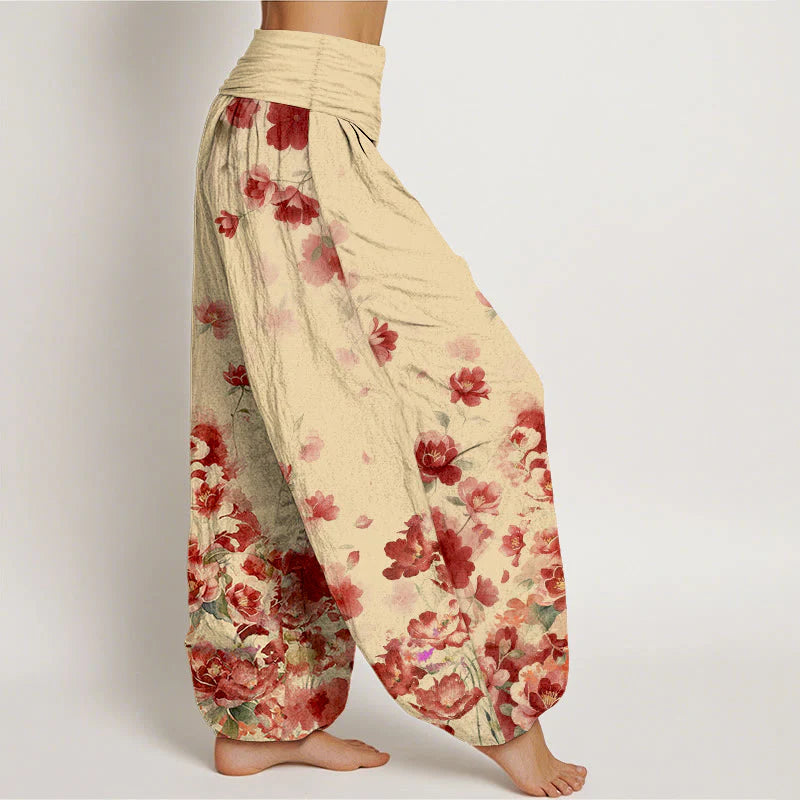 Buddha Stones Cotton Camellia Peony Blossom Pattern Women's Elastic Waist Harem Pants