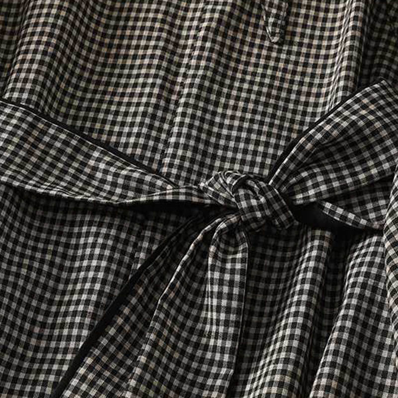 Buddha Stones Fall Black White Plaid High Neck Lace-up Design Long Sleeve Midi Dress With Pockets