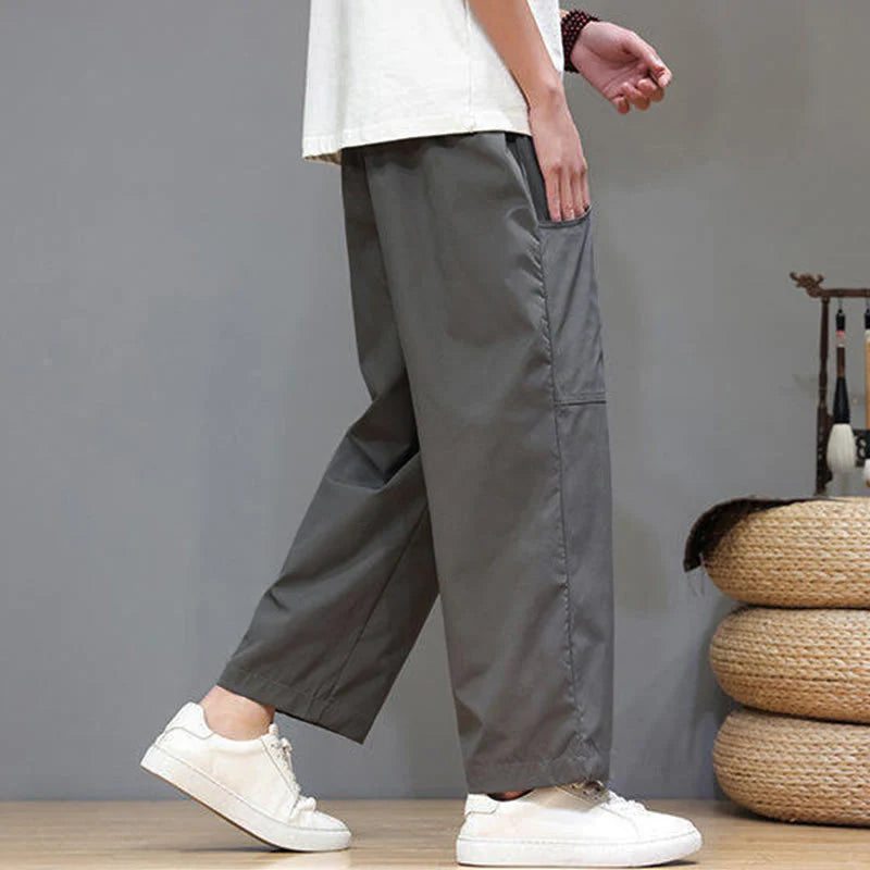 Buddha Stones Summer Solid Color Drawstring Straight Leg 7-8 Length Men's Pants With Pockets