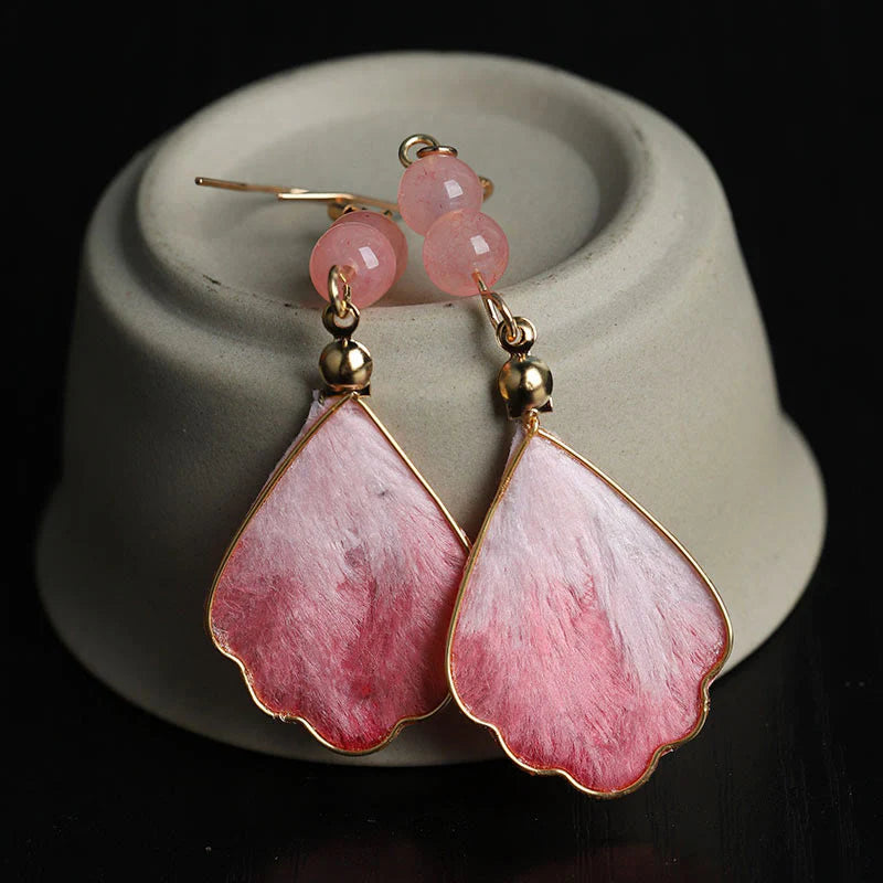 Buddha Stones Silk Art Handmade Pink Velvet Good Fortune Protection Drop Hook Earrings