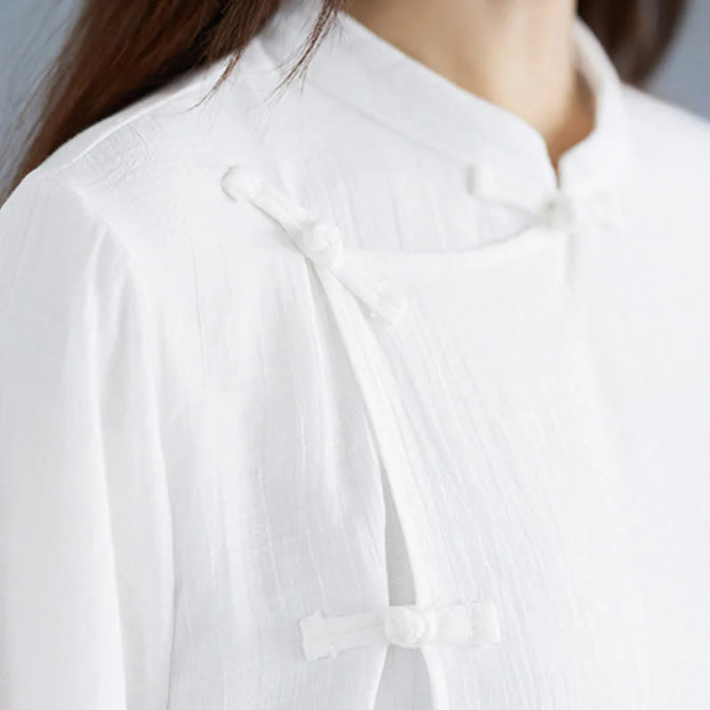 Buddha Stones 2Pcs Solid Color White Frog-Button Three Quarter Sleeve Shirt Wide Leg Pants Meditation Zen Clothing Women's Set