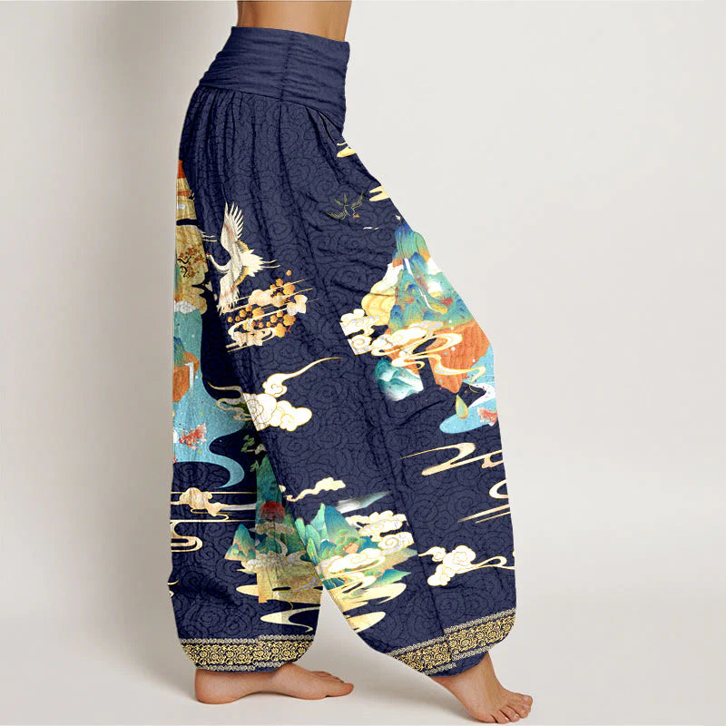Buddha Stones Pure Cotton Landscape Cranes Clouds Pattern Women's Elastic Waist Harem Pants