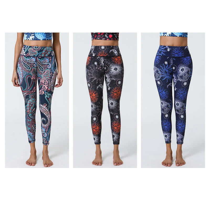 Buddha Stones Flowers Feathers Sun Moon Print Sports Fitness Yoga High Waist Leggings Women's Pants