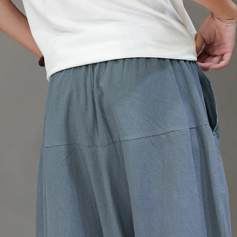 Buddha Stones Casual Plain Low Crotch Design Drawstring Men's Cotton Elastic Waistband Wide Leg Pants With Pockets