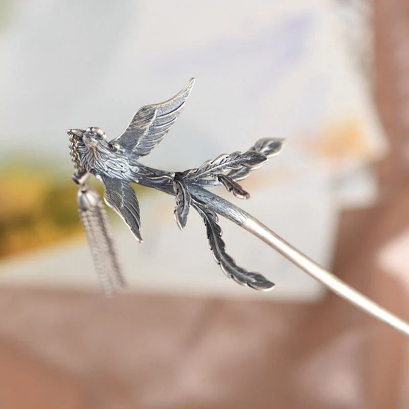 Buddha Stones 925 Sterling Silver Phoenix Tassels Protection Hairpin