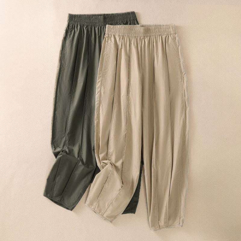 Buddha Stones Summer Simple Pure Color High Waisted Pleated Women's Harem Pants With Pockets
