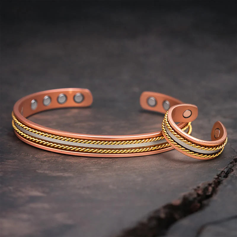 Buddha Stones Retro Twisted Design Copper Open Wealth Luck Cuff Bracelet Bangle Ring