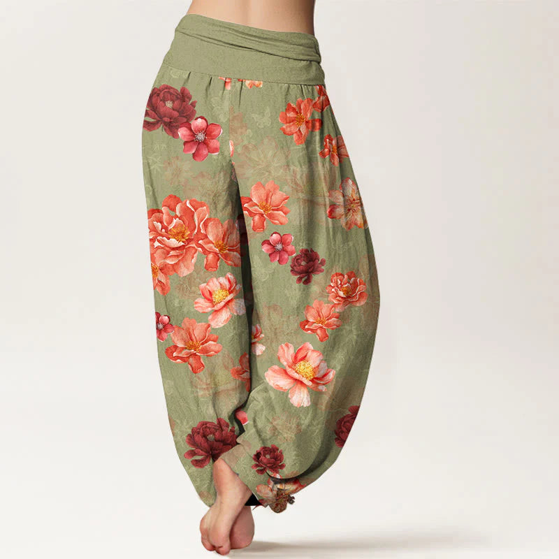 Buddha Stones Cotton Intensely Colored Flower Pattern Women's Elastic Waist Harem Pants