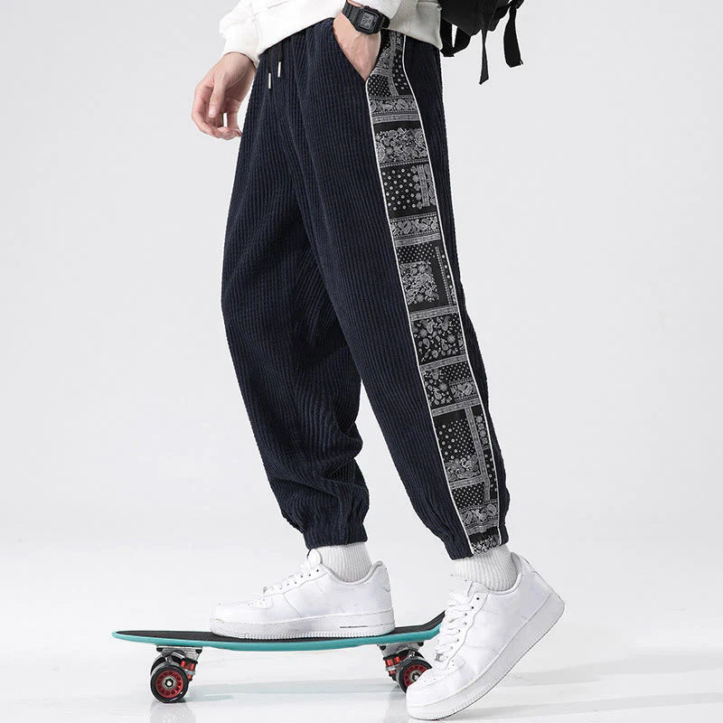 Buddha Stones Fall Solid Drawstring Side Paisley Pattern Straight Leg Ankle-length Corduroy Men's Pants With Pockets