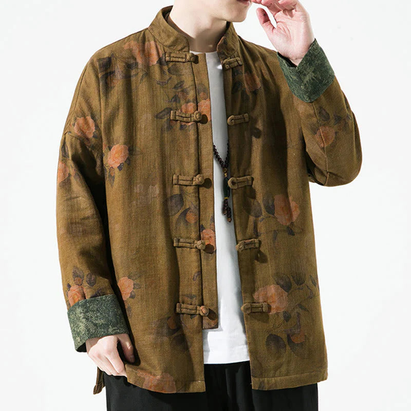 Buddha Stones Spring Printed Floral Pattern Men's Chinese Frog-button Long Sleeve Cotton Jacket