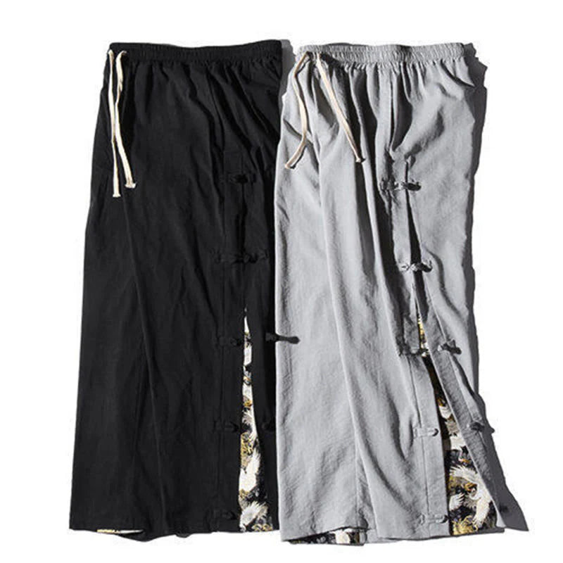Buddha Stones Casual Patchwork Crane Pattern Frog-Button Design Men's Wide Leg Pants With Pockets