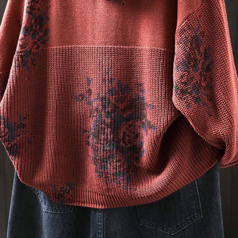 Buddha Stones Women's Knitted Floral Cotton Long Sleeve Hooded Sweater