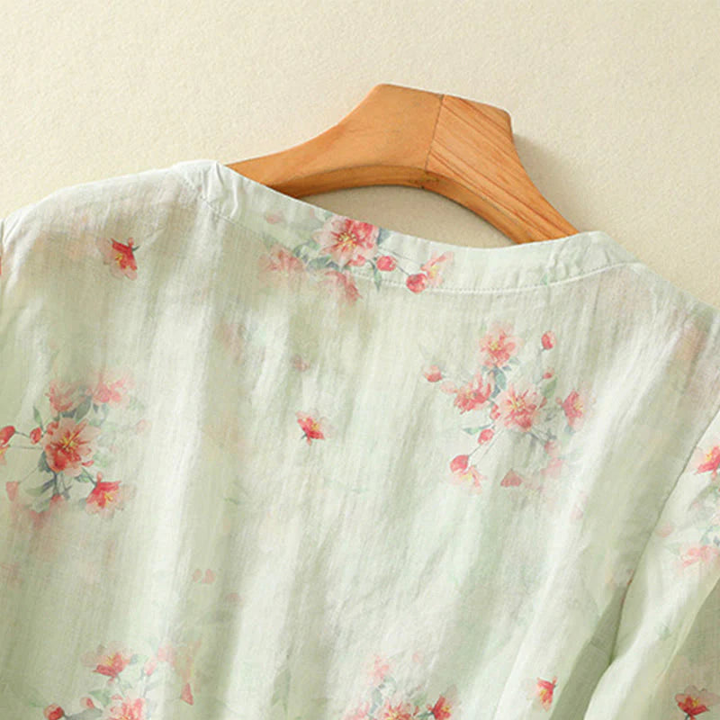 Buddha Stones Plant Printed Crew Neck Frog Button Design Women's Polyester Three Quarter Sleeve Shirt