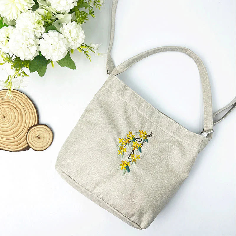 Buddha Stones Embroidery Wisteria Plum Lotus Cherry Blossom Cotton Linen Canvas Tote Crossbody Bag Shoulder Bag Handbag