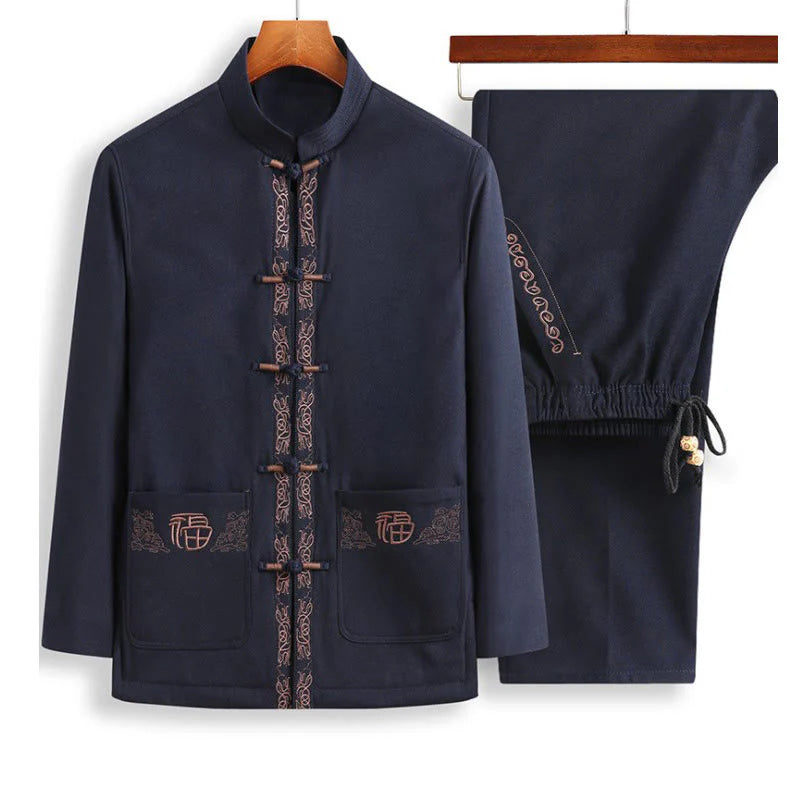 Buddha Stones Fu Character Embroidery Tang Suit Frog-Button Men's Long Sleeve Jacket Shirt Pants