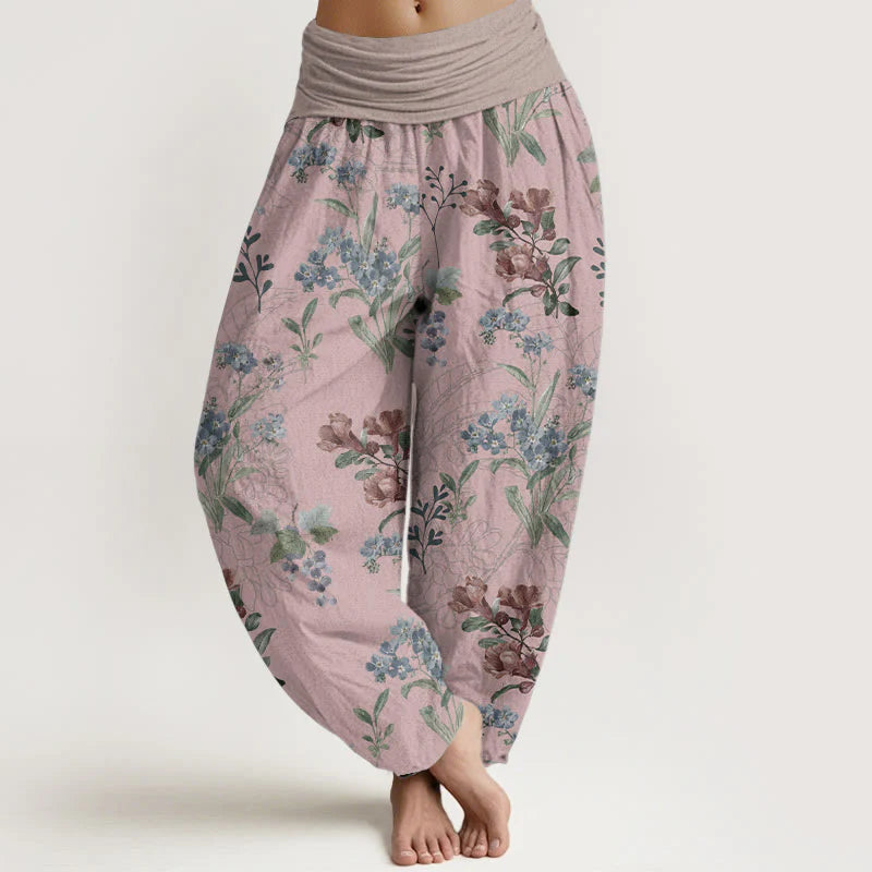 Buddha Stones Pure Cotton Red Blue Flowers Green Leaves Design Women's Elastic Waist Harem Pants