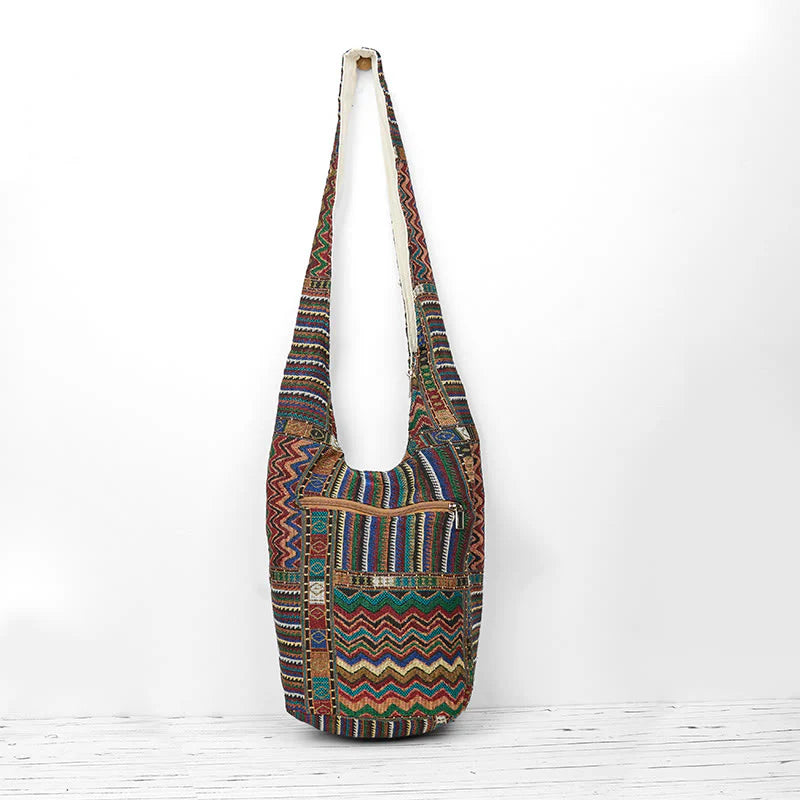 Buddha Stones Green Brown Waves Pattern Cotton Crossbody Bag Shoulder Bag