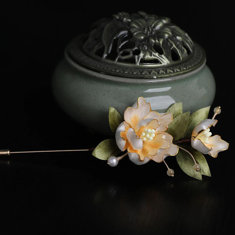Buddha Stones Handcrafted Silk Art Golden Peony Flower Good Fortune Brooch