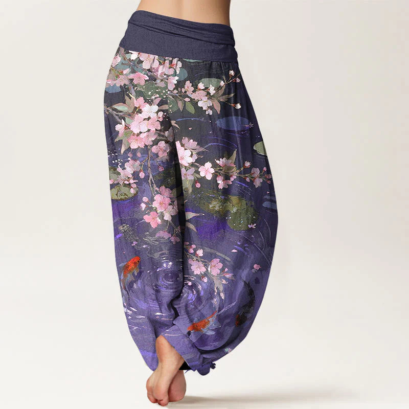 Buddha Stones Pure Cotton Sakura Blossoms Koi Fish Lotus Leaves Women's Elastic Waist Harem Pants