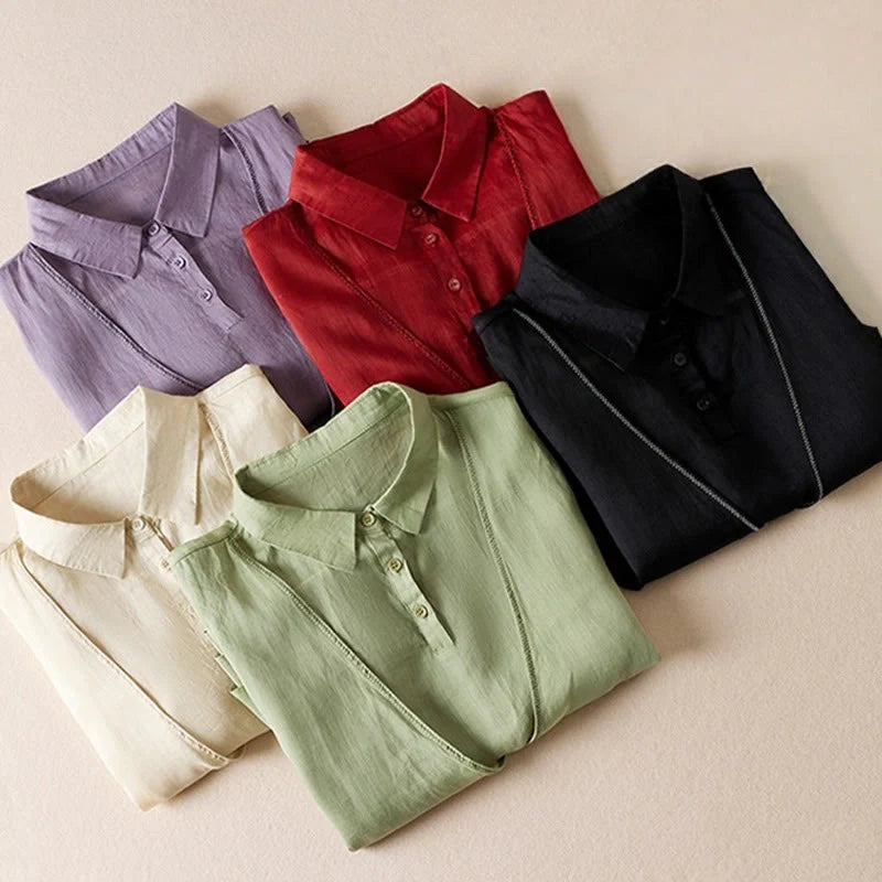 Buddha Stones Retro Plain Fake Two Pieces Button Half Sleeve Design Women's Cotton Linen Shirt