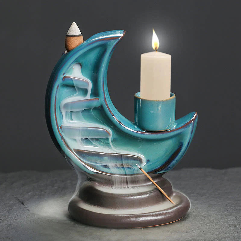Buddha Stones Blue Crescent Moon Ceramic Backflow Smoke Fountain Meditation Candlestick Incense Burner Decoration