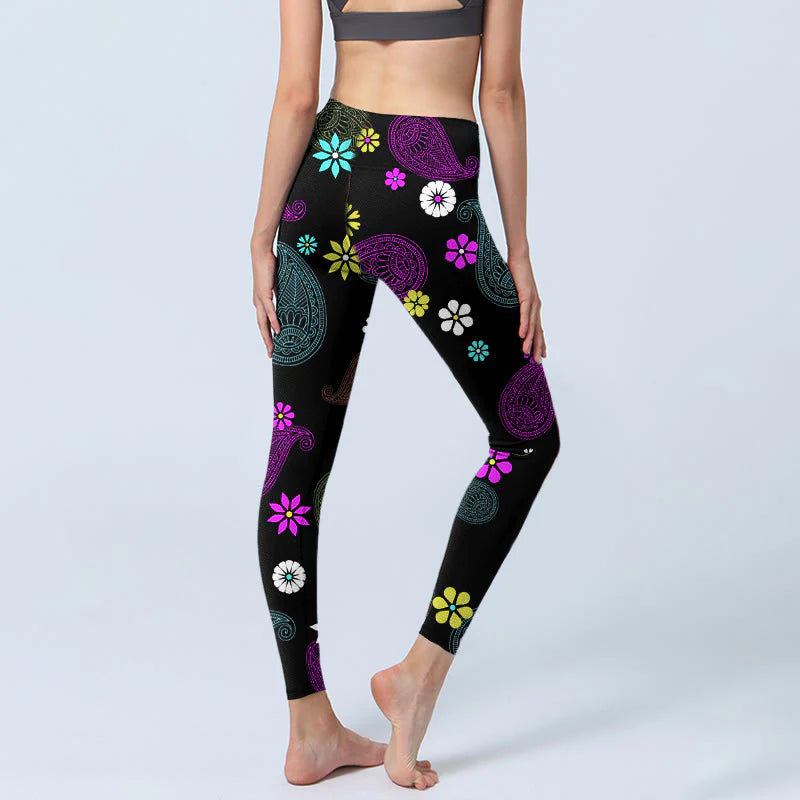 Buddha Stones Colorful Cashew Flower Print Gym Leggings Women's Yoga Pants