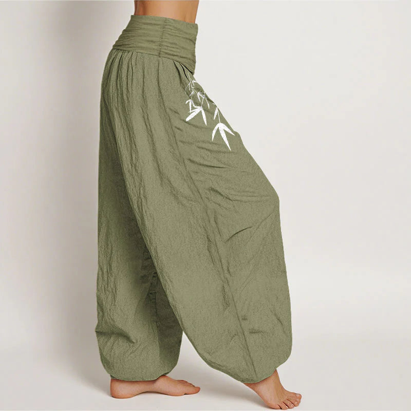 Buddha Stones Pure Cotton Minimalist Style Bamboo Leaf Pattern Women's Elastic Waist Harem Pants
