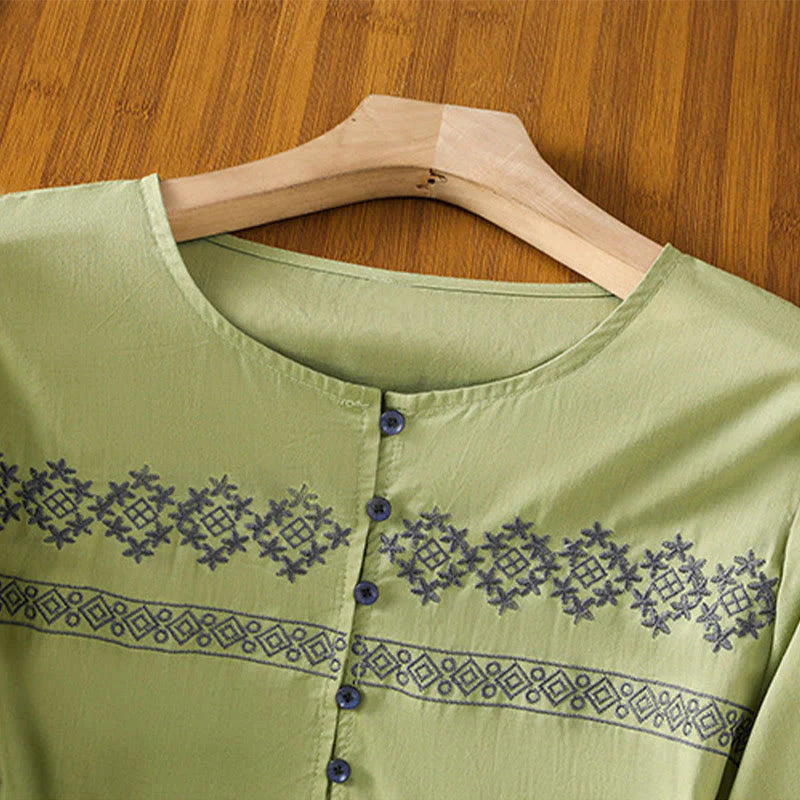 Buddha Stones Embroidery Pleated Buttons Long Lantern Sleeve Women's Cotton Shirt