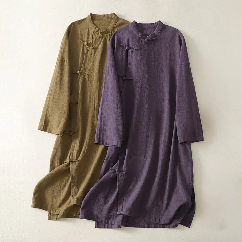 Buddha Stones Vintage Plain Frog Buttons Asymmetrical Design Long Sleeve Cotton Linen Midi Dress