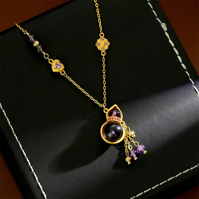 Buddha Stones Gourd Tassel Amethyst Copper Chain Meditation Necklace Pendant