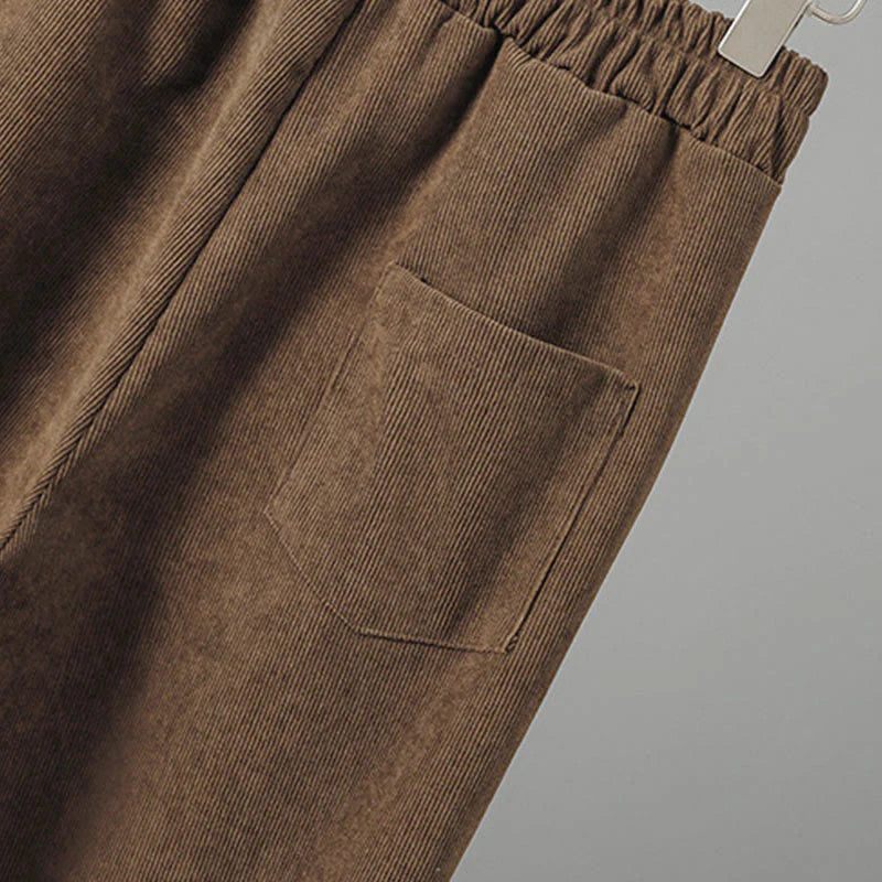 Buddha Stones Plain Elastic Waist Patchwork Plaid Women's Ankle-Length Wide Leg Corduroy Pants