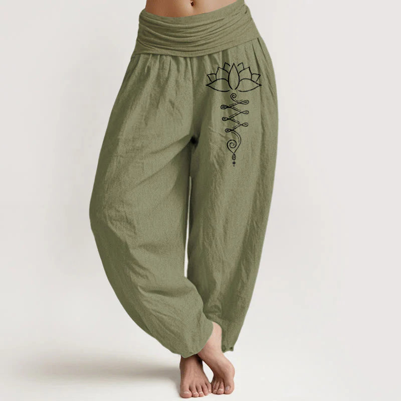 Buddha Stones Unalome Symbol Lotus Flower Pattern Women's Elastic Waist Harem Cotton Pants