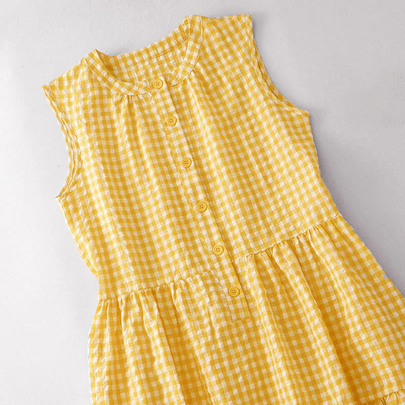 Buddha Stones Crew Neck Sleeveless Plaid Summer Cotton Knee Length Dress