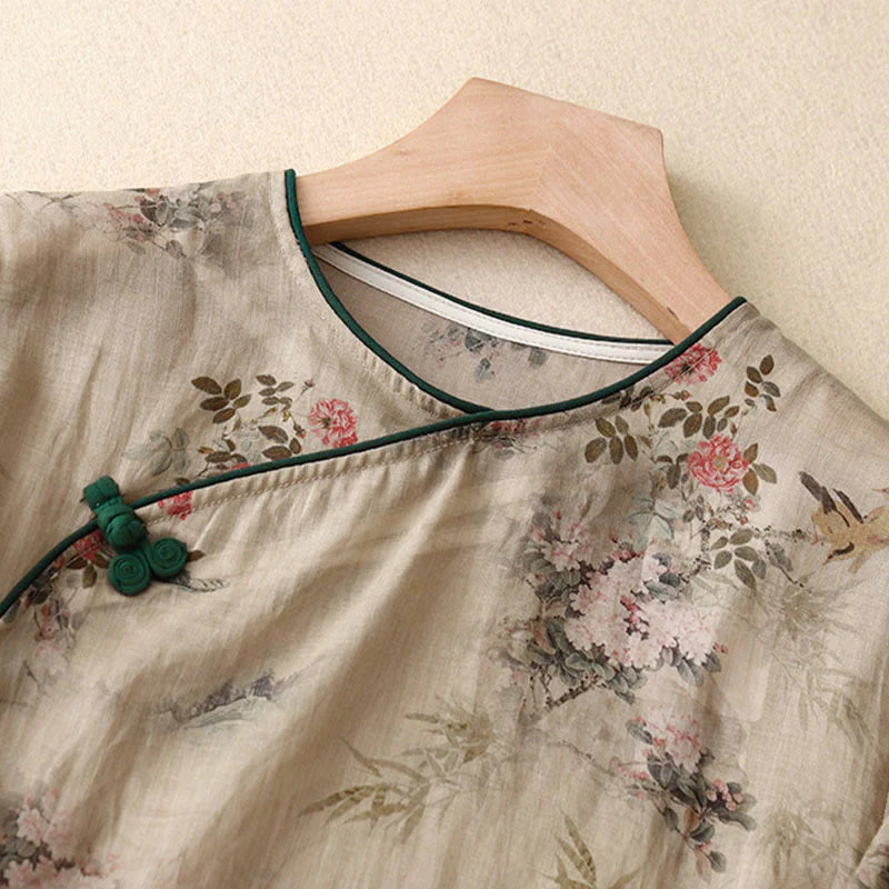 Buddha Stones White Orchid Red Flowers Frog-Button Design Three Quarter Sleeve Women's Shirt