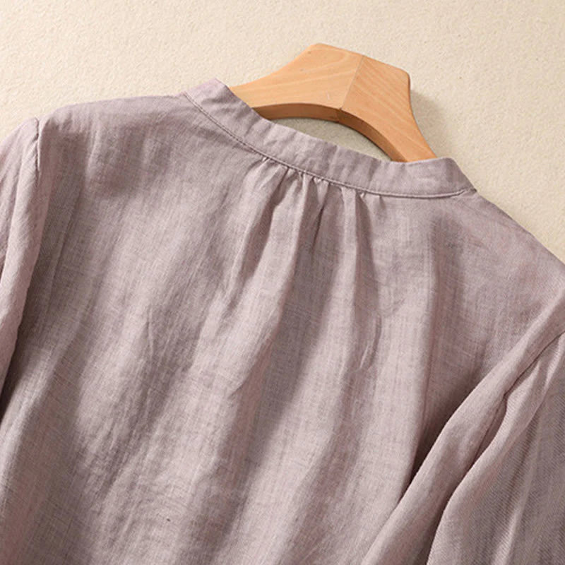 Buddha Stones Casual Daily Plain Button Ruffled Design Stand Collar Women's Cotton Linen Three Quarter Sleeve Shirt Cardigan