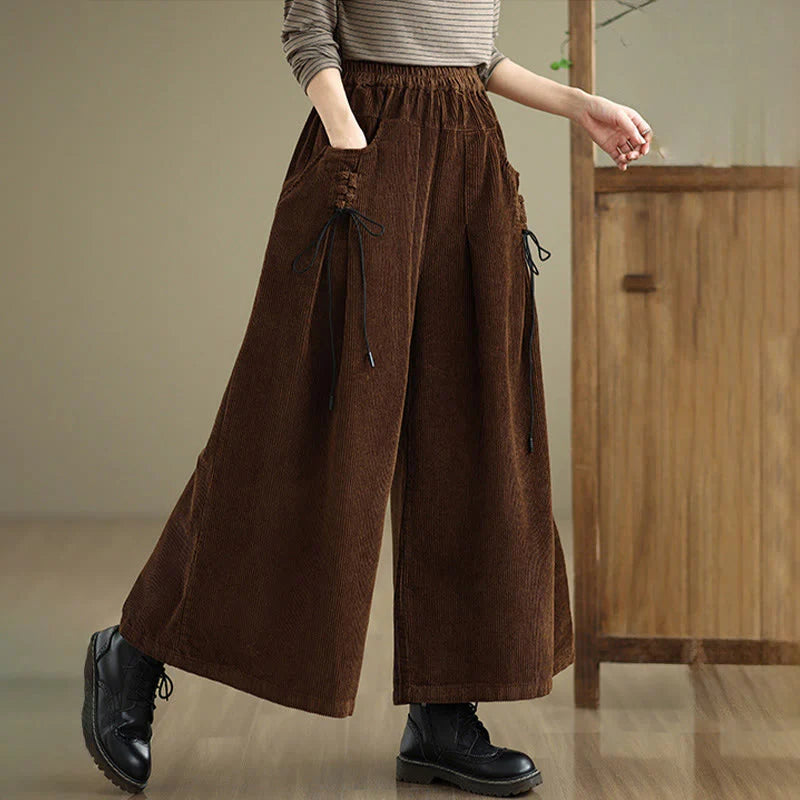 Buddha Stones Women's Pure Color Drawstring Design Wide Leg Corduroy Pants With Pockets