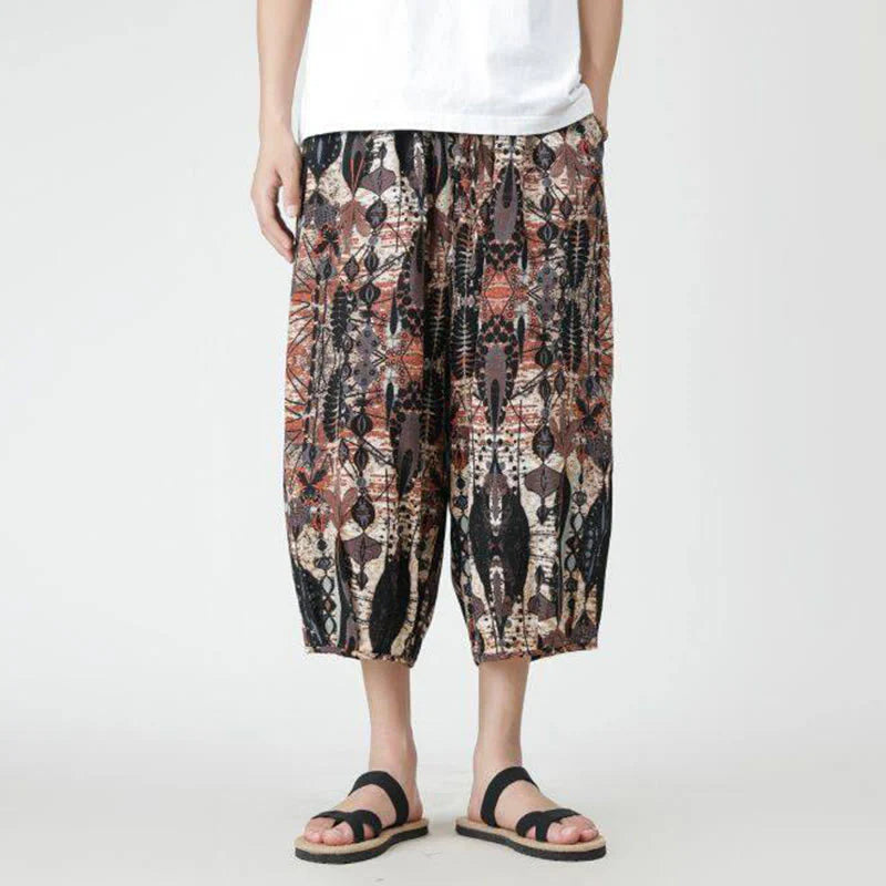 Buddha Stones Summer Square Patchwork Elephant Mandala Geometry Cotton Linen Men's 7-8 Length Pants With Pockets