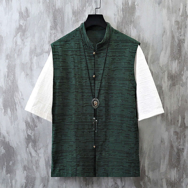 Buddha Stones Summer Patchwork Color Design Men's Half Sleeve Cotton Linen Shirt