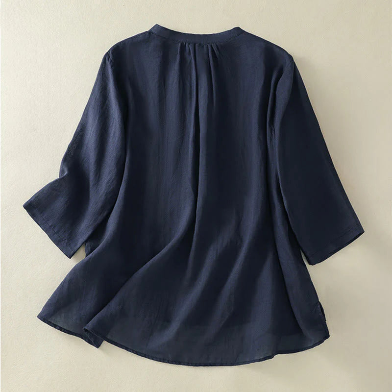Buddha Stones Embroidery Pleated Design Stand Collar Three Quarter Sleeve Side Slit Hem Women's Cotton Shirt