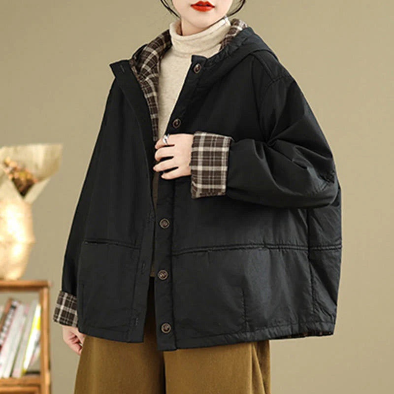 Buddha Stones Plaid Hoodie Pattern Women's Long Sleeve Cotton Thickened Jacket With Pockets