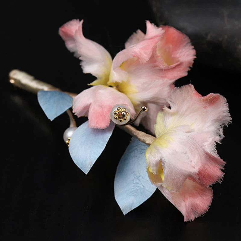 Buddha Stones Handcrafted Silk Art Pink Iris Flower Protection Brooch